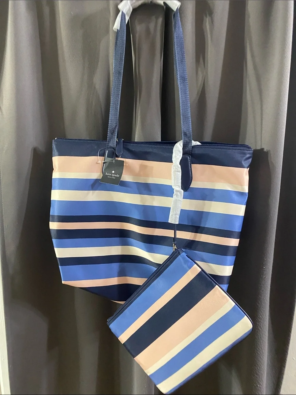 NWT kate‎ spade Navy, Light Blue & Pink Striped Shoulder Tote w /cosmetic bag